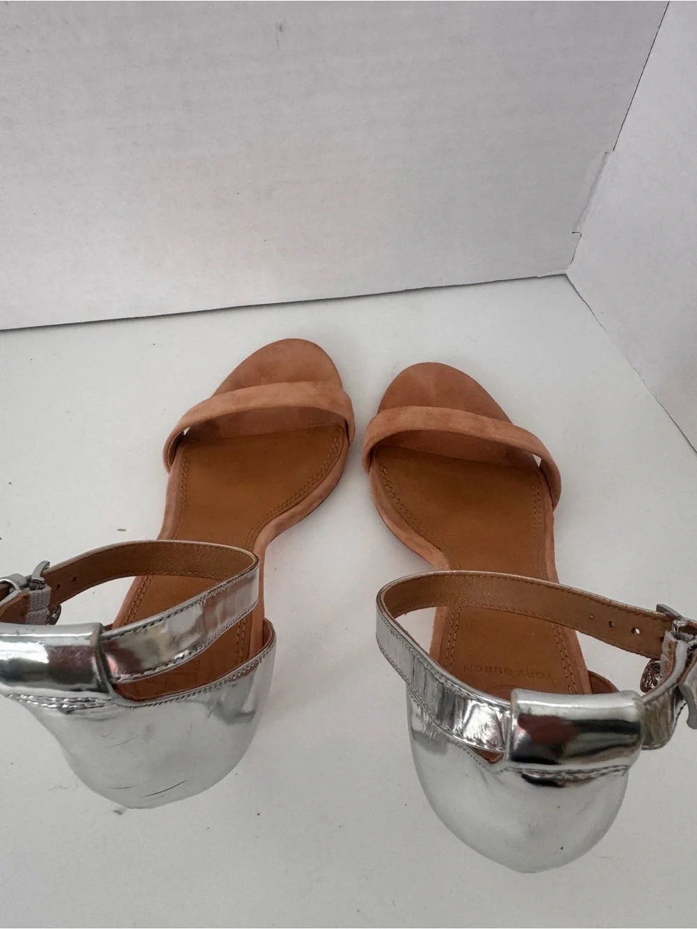 Tory Burch Ellie 85mm Silver Metallic Tan Suede Ankle Strap Sandals Heels 7M
